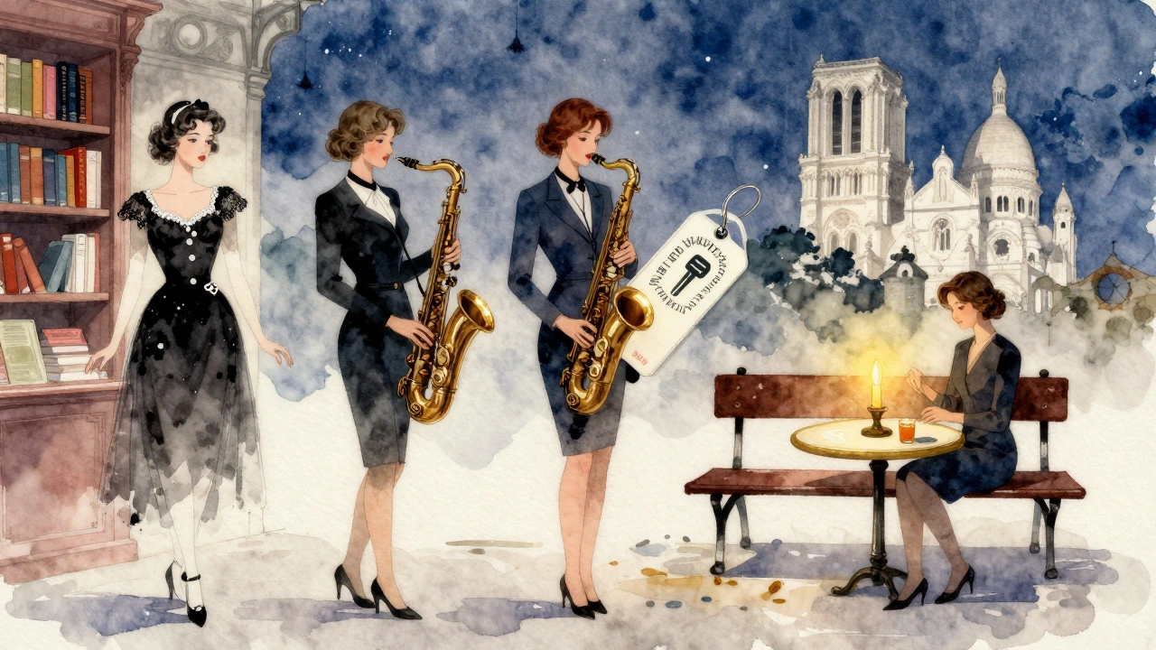 An abstract blend of Parisian escort archetypes in a dreamy night scene with subtle city landmarks.