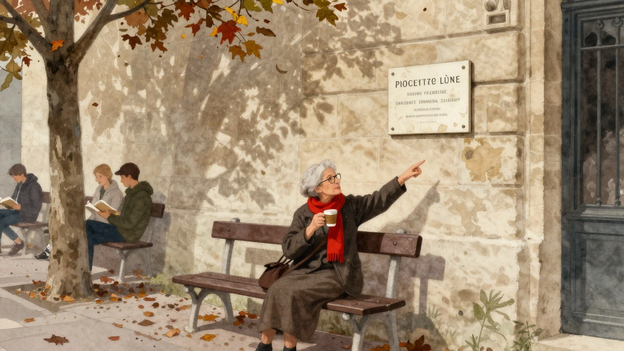 An elderly woman and guide sit on a bench by the Sorbonne, sharing a quiet moment under falling autumn leaves.