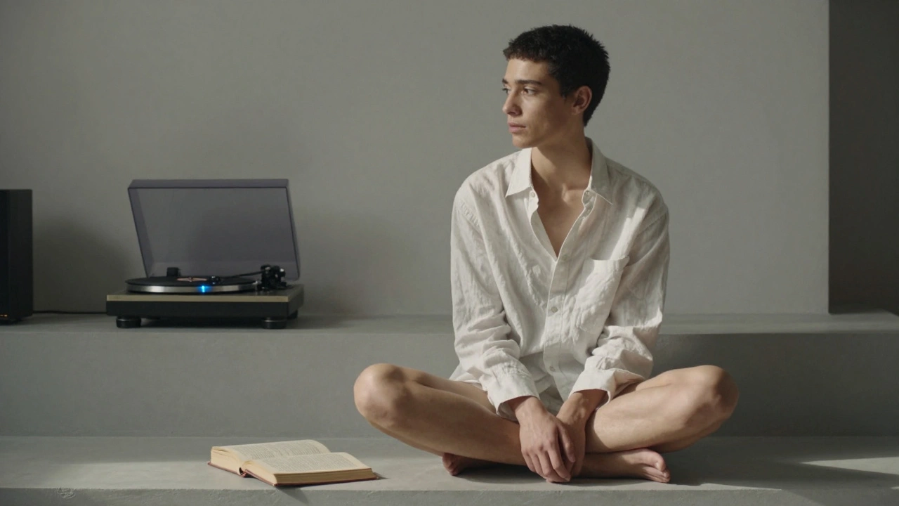 Androgynous model in a minimalist loft, reading Camus in natural daylight, serene and contemplative.