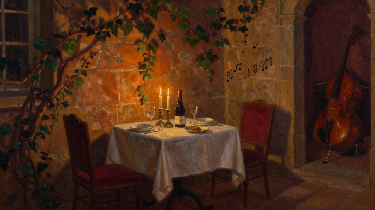 Candlelit dinner in a hidden courtyard of a historic Parisian mansion, with wine and fine china under ivy-covered walls.