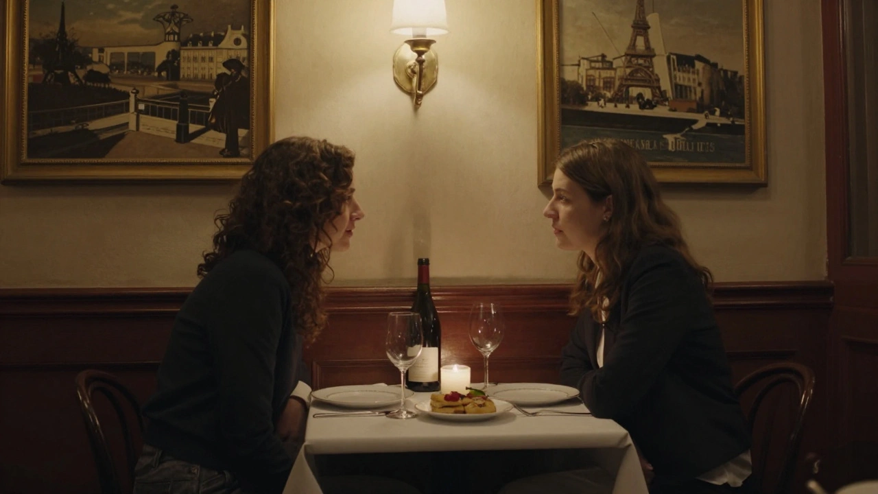 Candlelit private dinner in a hidden Parisian bistro with fine dining and soft ambient lighting.