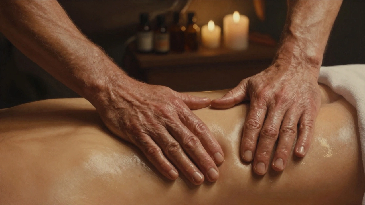 Close-up of skilled hands giving a gentle, non-sexual massage with oil and a draped towel, no faces visible.