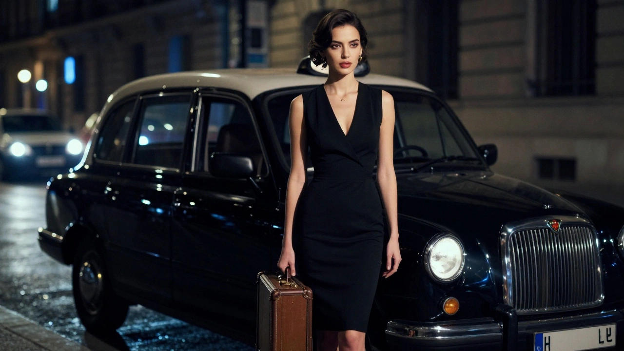 Confident woman in black dress beside a vintage taxi in nighttime Paris, city lights blurred behind her.