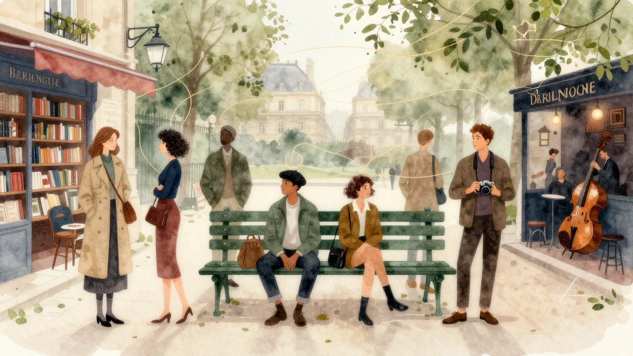 Diverse individuals in quiet Parisian moments connected by golden threads, symbolizing meaningful companionship.