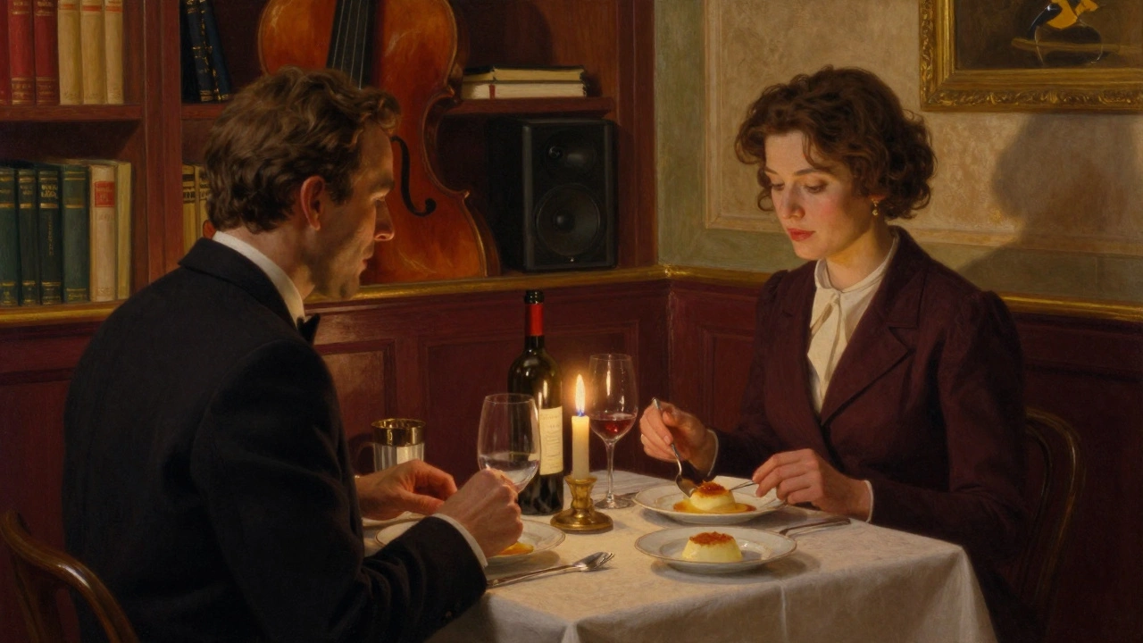 Intimate dinner in a Parisian bistro with candlelight, fine dining, and a bottle of wine between two people.