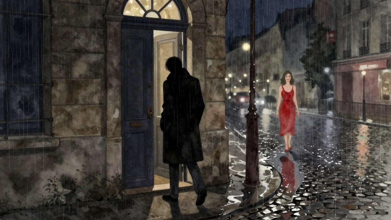 Shadowy figure leaving a discreet Paris building at night, rain reflecting a fleeting image of a woman.