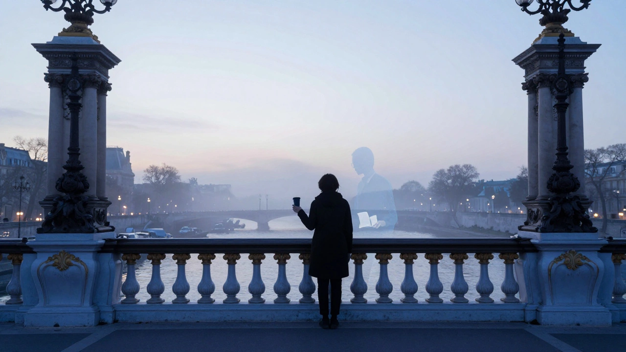Silhouette of a person on a bridge at dawn with a faint companion beside them.