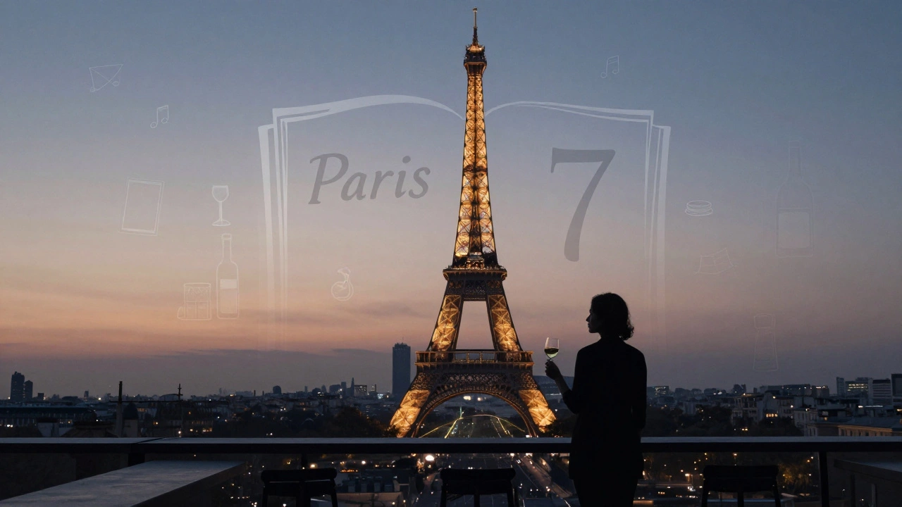 Silhouette on a rooftop bar overlooking Paris, city lights forming the shape of an open book representing curated cultural experiences.