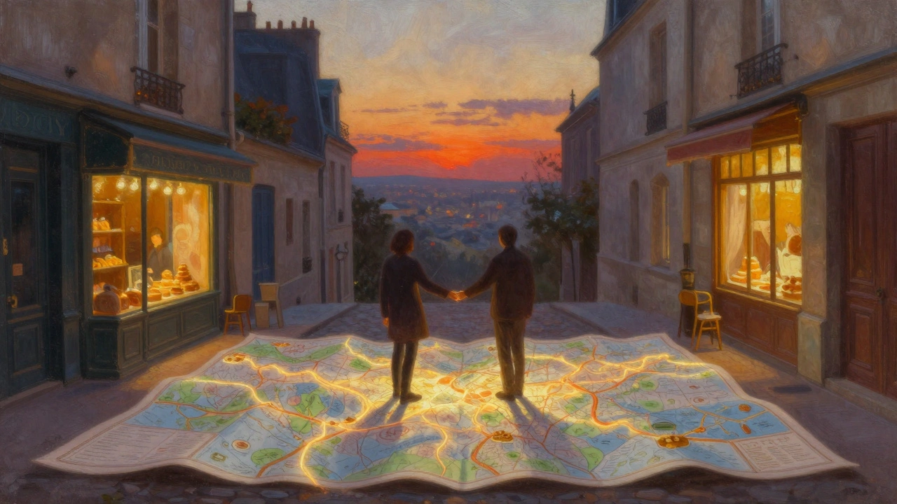 Silhouettes of two figures stand on Montmartre as a glowing map of Paris unfolds beneath them, revealing hidden gems.