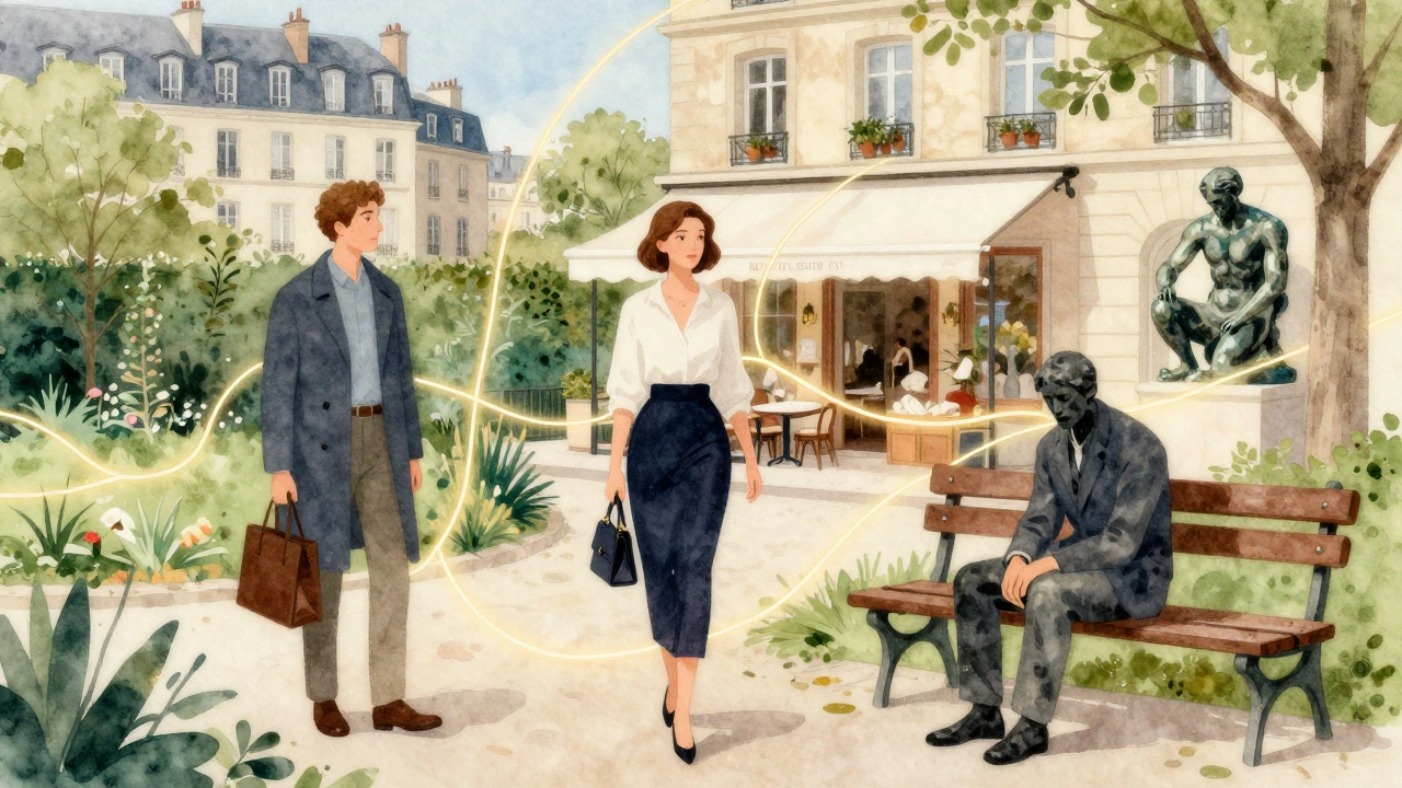 Three elegant figures blend into the quiet beauty of Paris's 7th arrondissement, symbolizing different types of companionship.