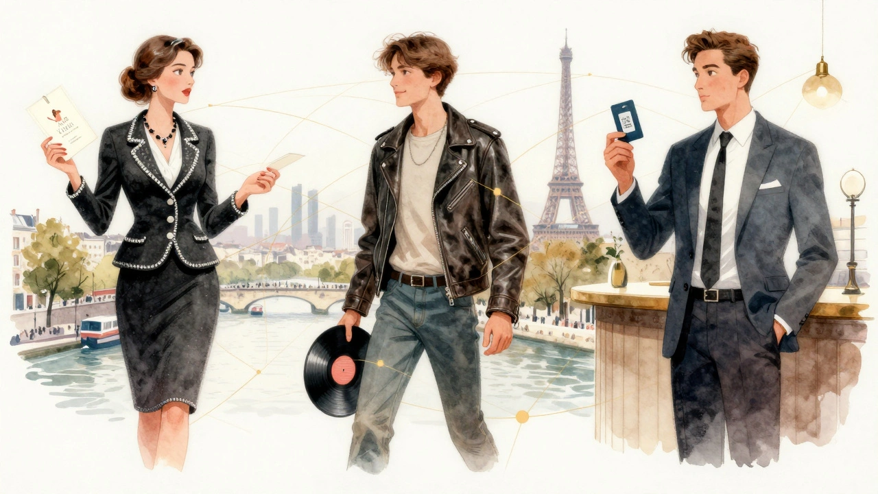Three elegant figures represent elite Parisian companions, connected by invisible threads in a dreamy cityscape.