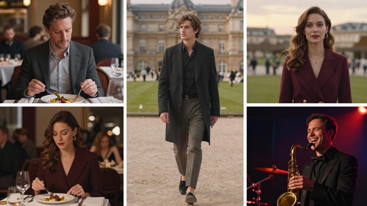 Three scenes show a woman sharing intimate moments with a man across iconic Paris locations.