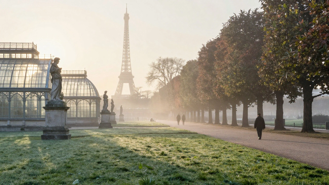Two figures walk peacefully through Jardin des Plantes at dawn, with the Eiffel Tower faintly visible in the mist.