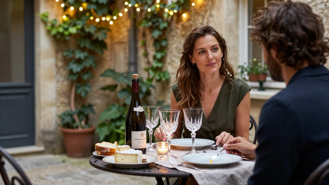 Two people enjoy a quiet candlelit dinner in a hidden courtyard with French wine and cheese.