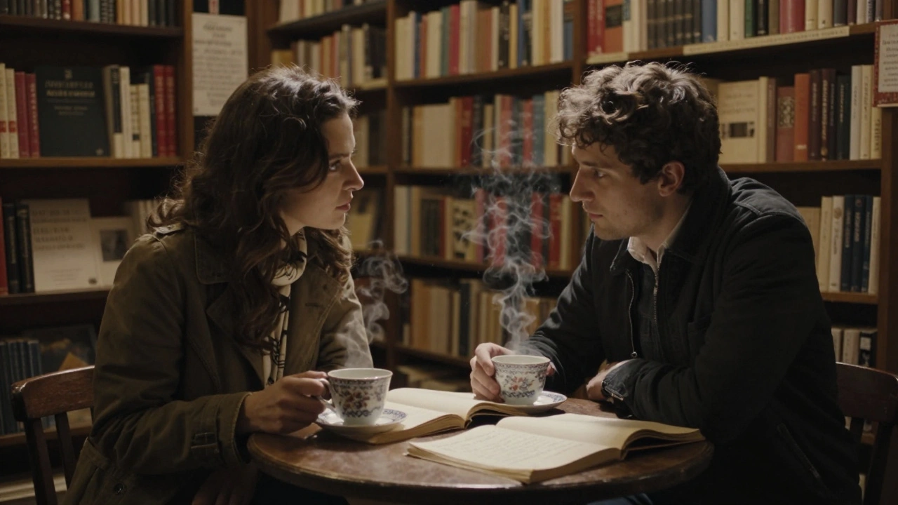 Two people reading and talking in a cozy Parisian bookstore filled with books.