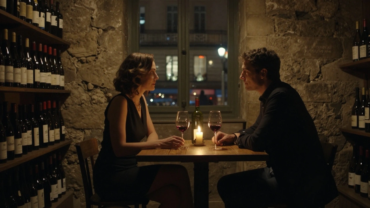 Two people share a quiet evening in a candlelit wine cellar beneath a Parisian street.