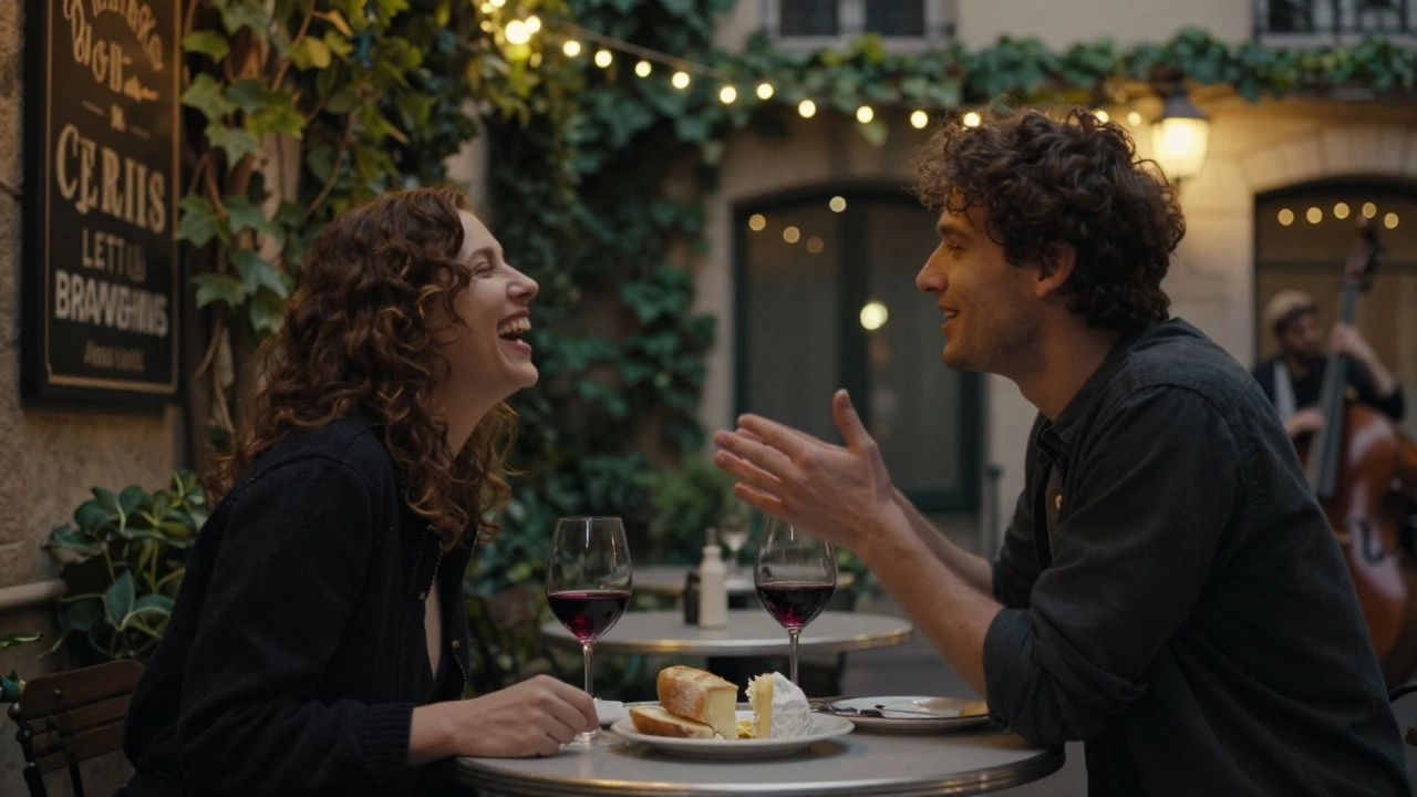 Two people share wine and cheese in a cozy Montmartre courtyard under fairy lights, laughter in the air.