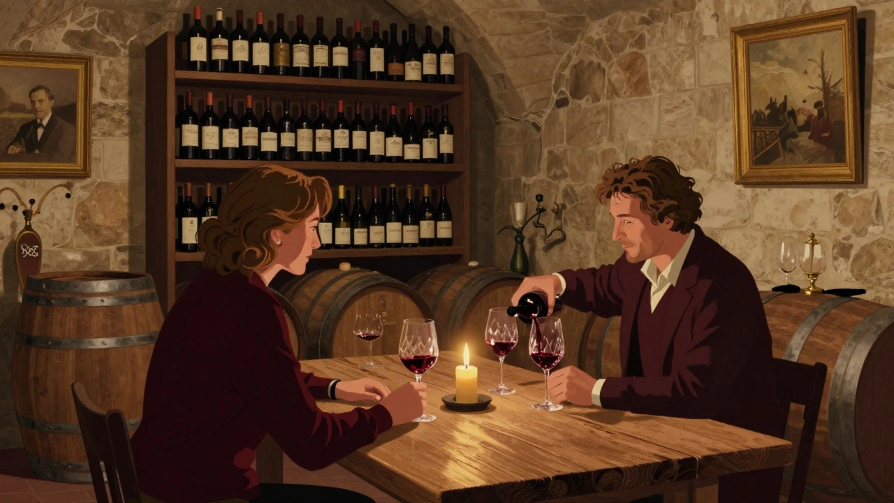 Two people sharing a quiet wine tasting in a dimly lit Parisian cellar.