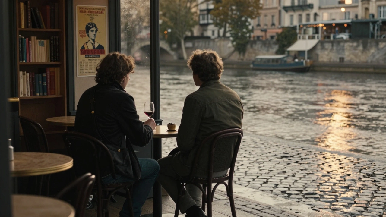 Two people sitting in silence at a Seine-side café, golden light reflecting on wet cobblestones.