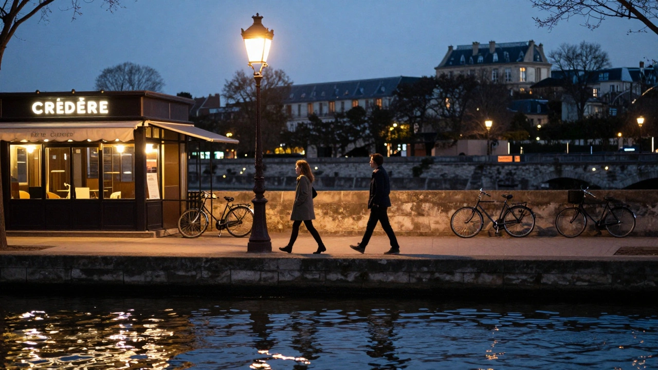 Two people walk peacefully beside a canal in Paris 19 at dusk, reflections shimmering in the water.