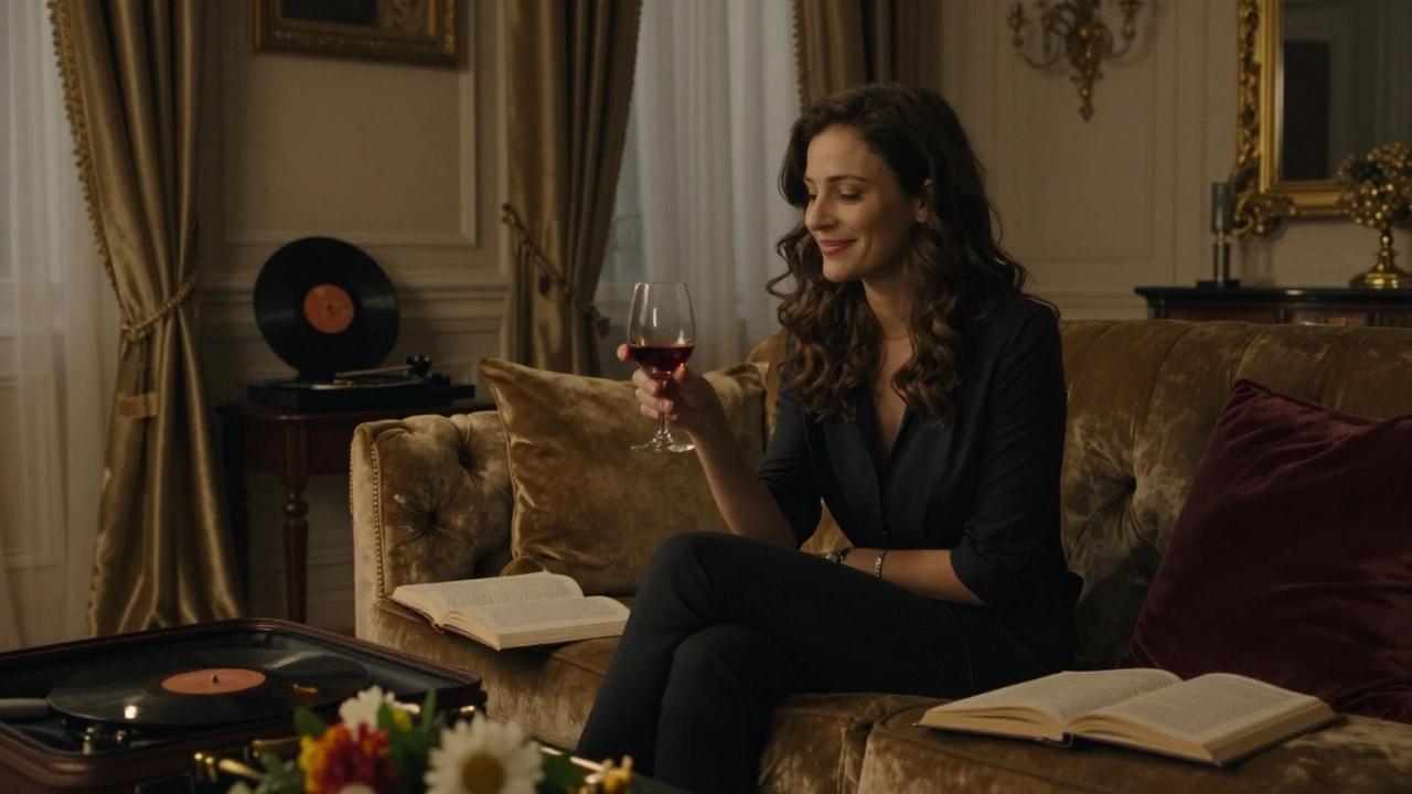 Woman offering wine in a luxurious Paris apartment with soft jazz lighting and velvet furnishings.