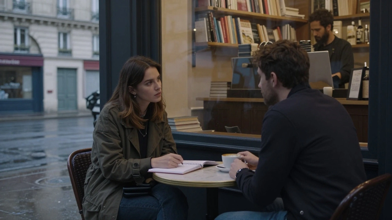 A calm coffee meeting at a Parisian café, two people engaged in quiet, meaningful conversation.