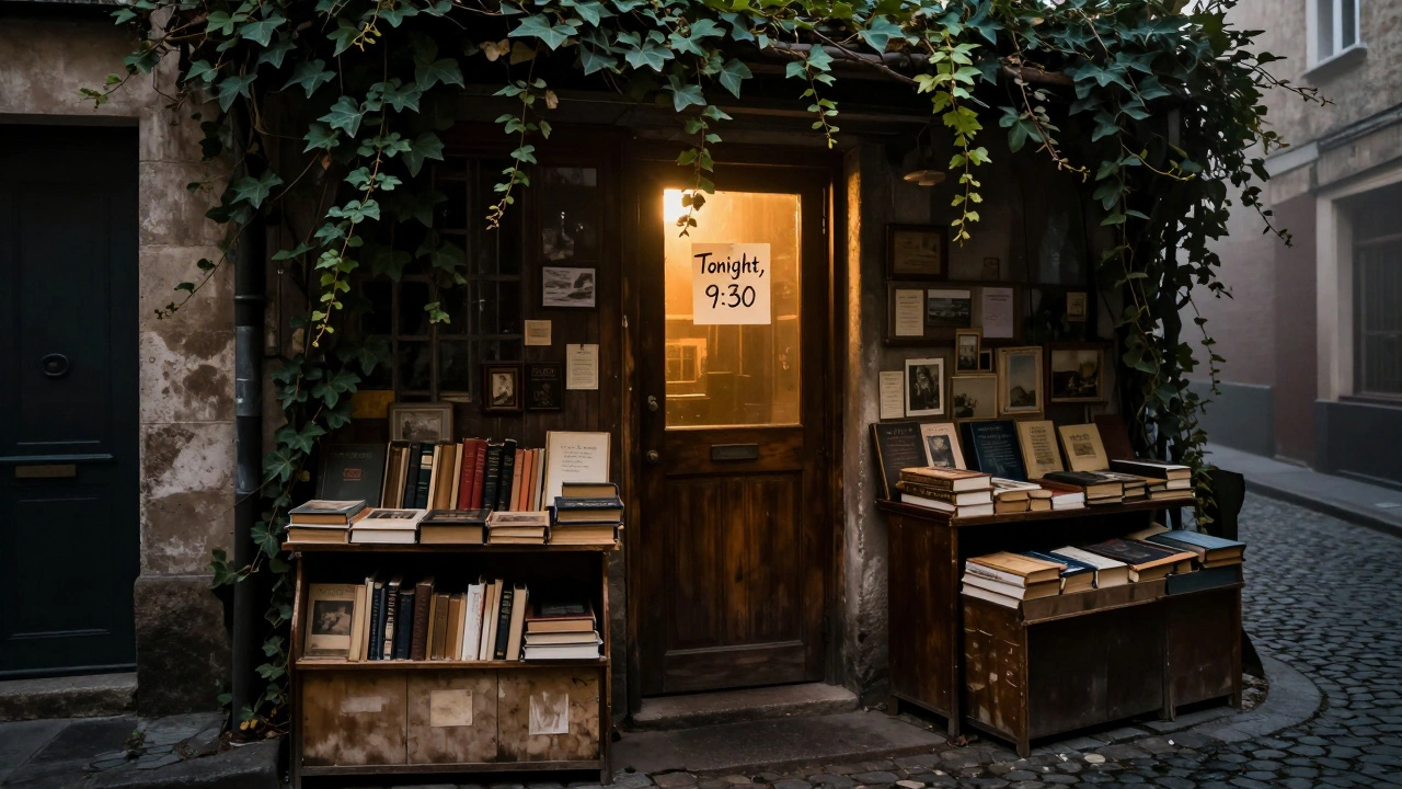 A hidden doorway in a quiet Parisian alley, faint light glowing within, no signs, just a handwritten note.