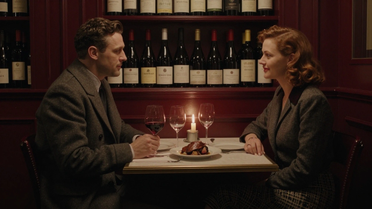 A private wine bar in Passy, Paris 16, with two people sharing a quiet dinner, candlelight, and a bottle of red wine on the table.