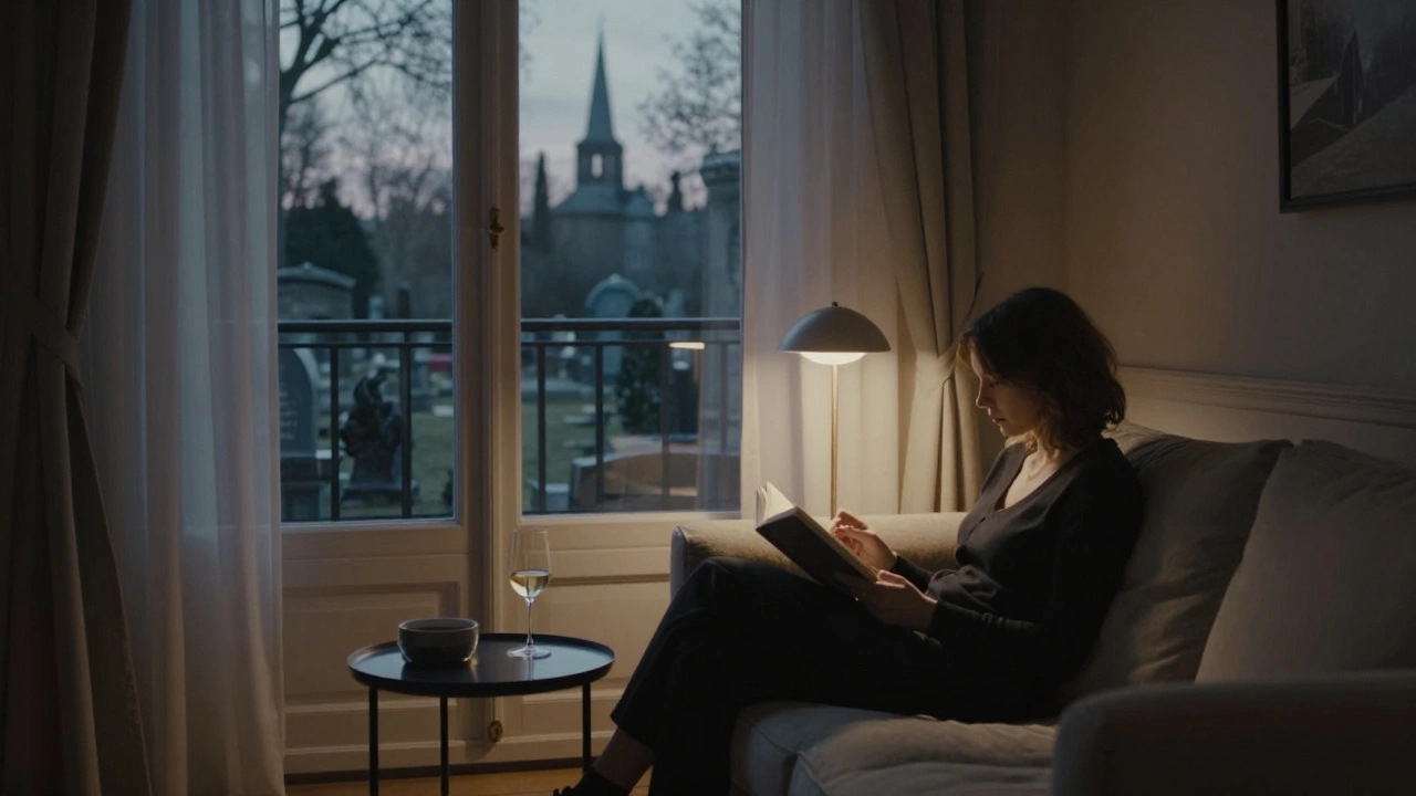 A serene apartment interior in Paris's 14th arrondissement at dusk, with soft lighting and a quiet, personal atmosphere.