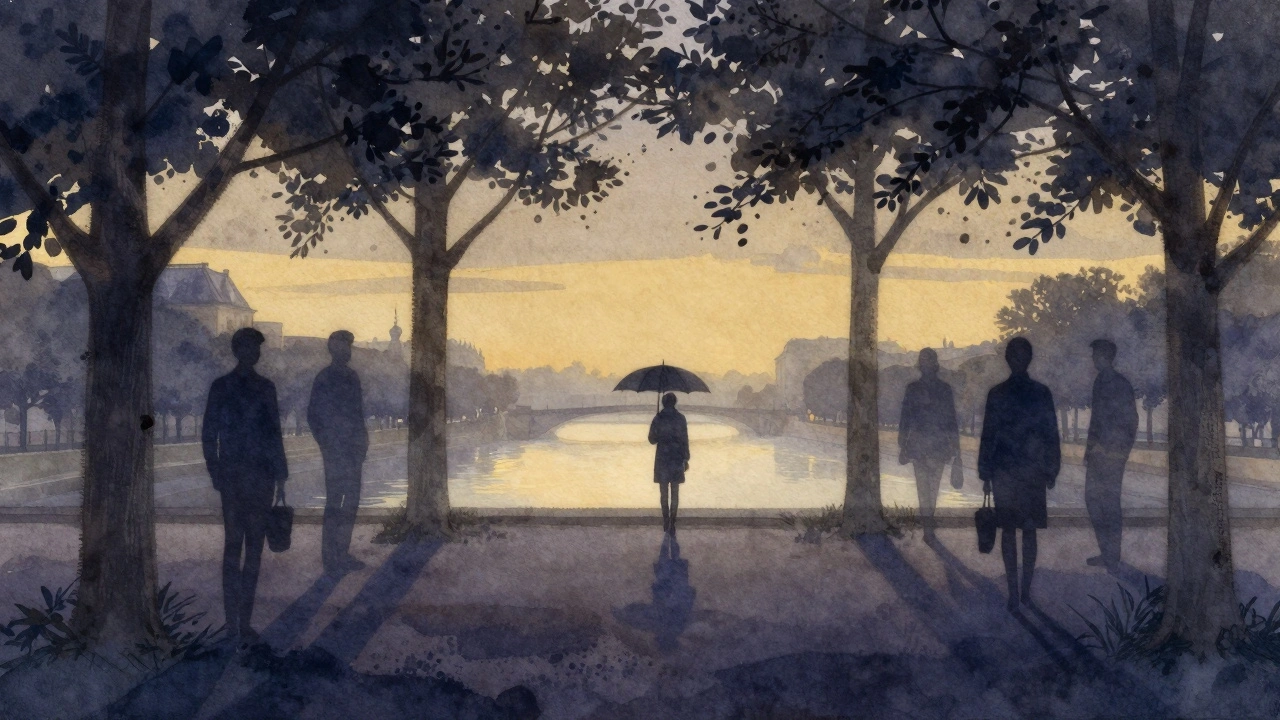 A solitary figure walking through Luxembourg Gardens at dusk, surrounded by shadowy companions representing different types of escorts.