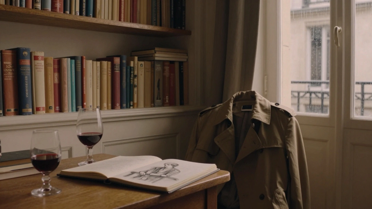 A sunlit Paris apartment with books, an open sketchbook, and a half-drunk glass of wine, hinting at a private connection.