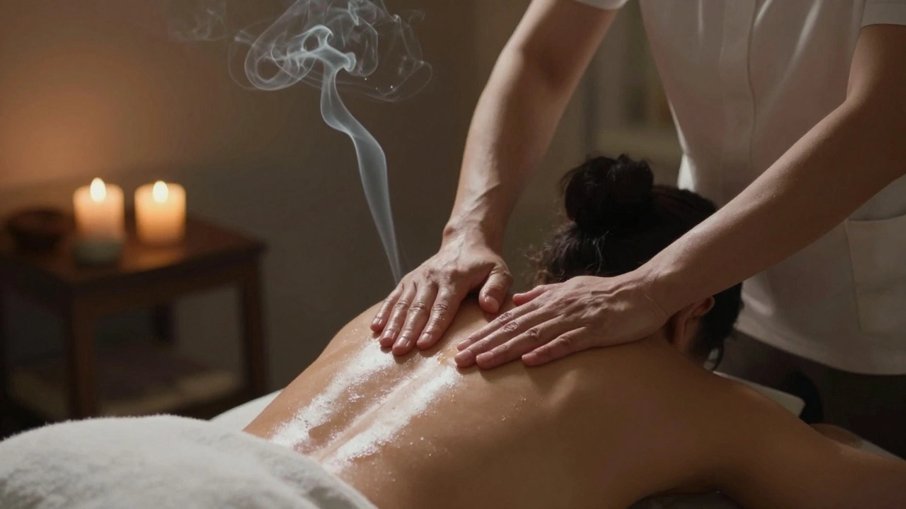A therapist giving a slow, intentional massage to a client, with soft lighting and sandalwood smoke, emphasizing touch and presence.