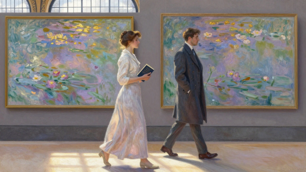 A woman in a museum pausing beside a Monet painting, holding a book, quietly conversing with a man behind her.