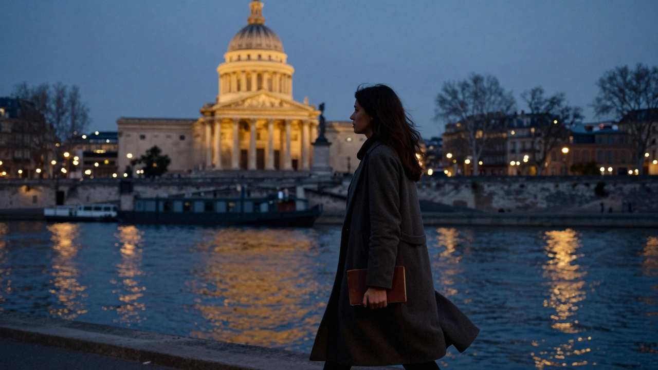 A woman walking alone along the Seine at twilight, the Panthéon glowing softly in the distance.