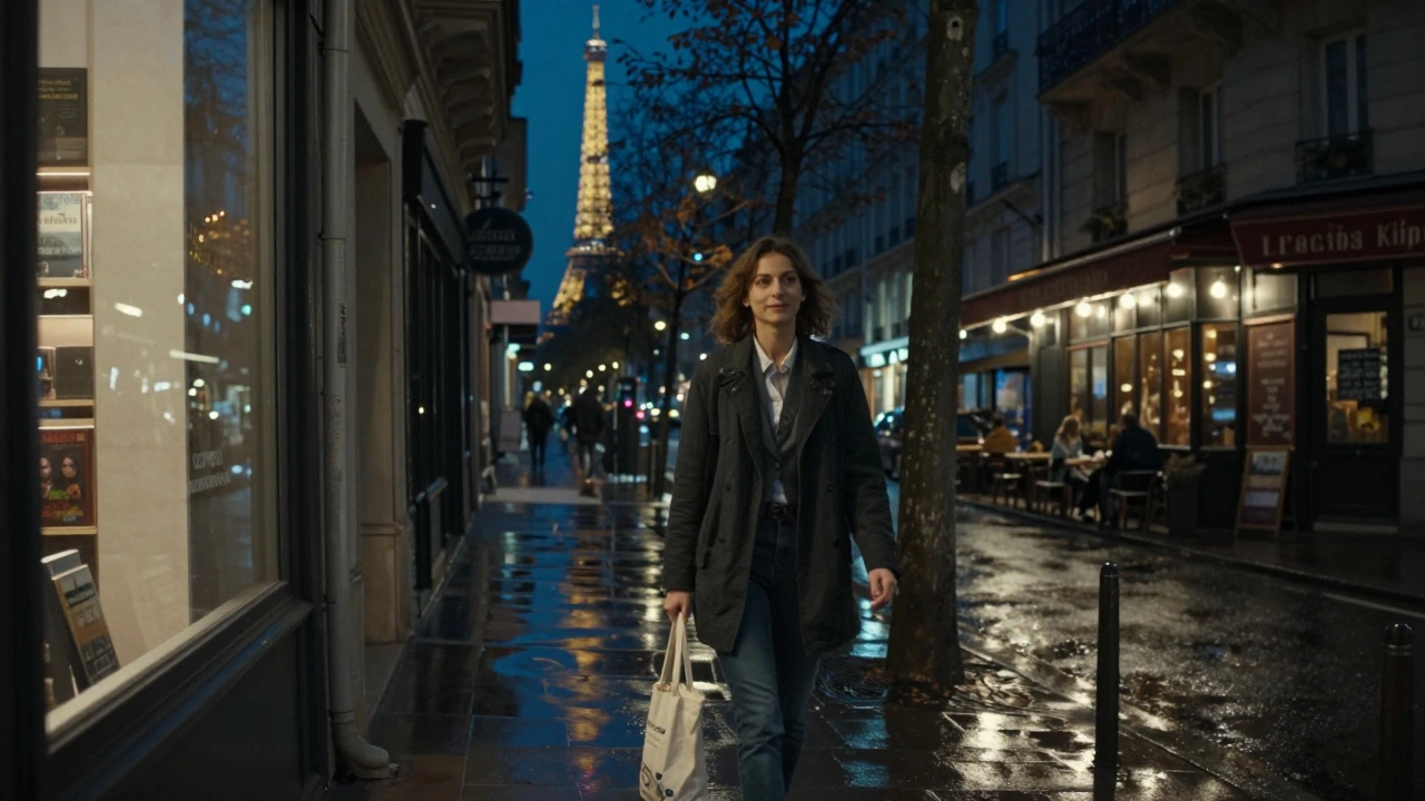 A woman walking alone at night in Paris's 14th arrondissement, the Eiffel Tower sparkling in the background.