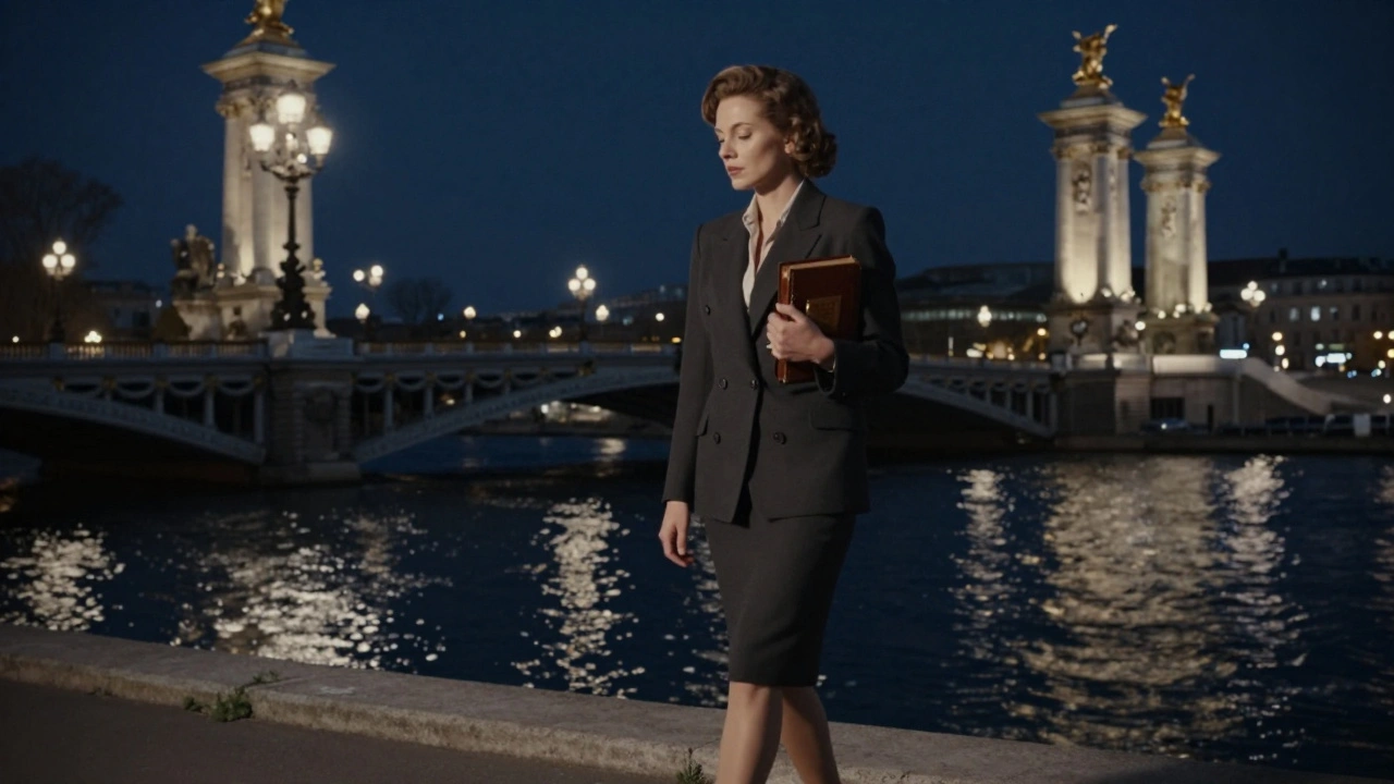 A woman walking alone by the Seine at night, wearing a vintage suit, city lights reflecting on water.