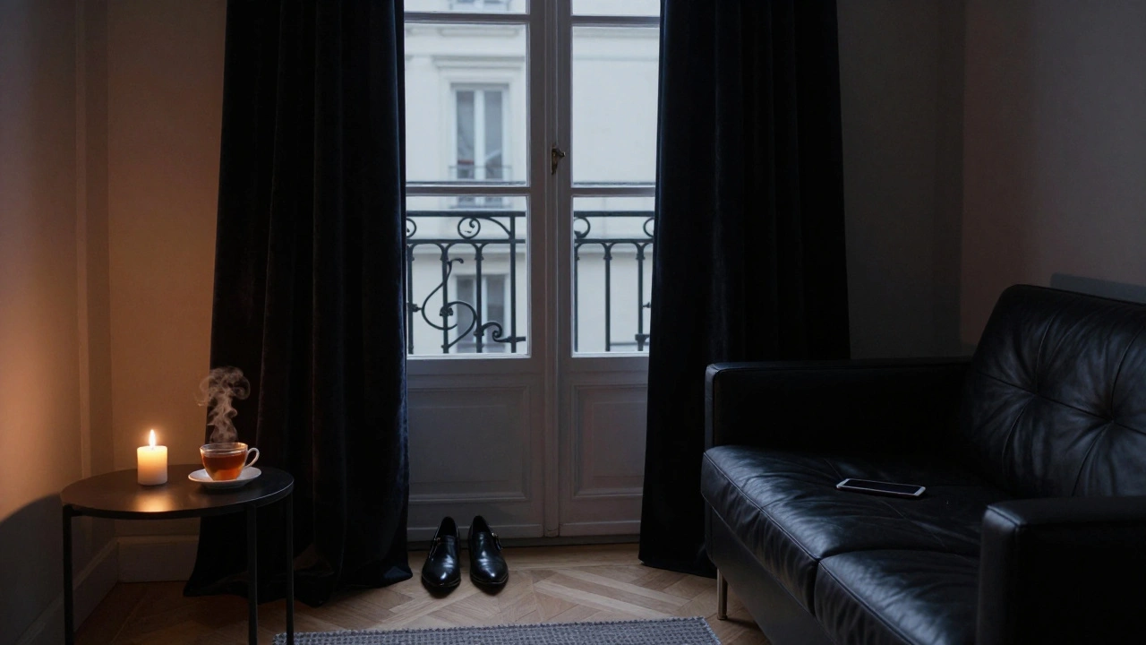An elegant Parisian apartment at twilight with a candle, tea, and shoes neatly placed—no people, only quiet intimacy.
