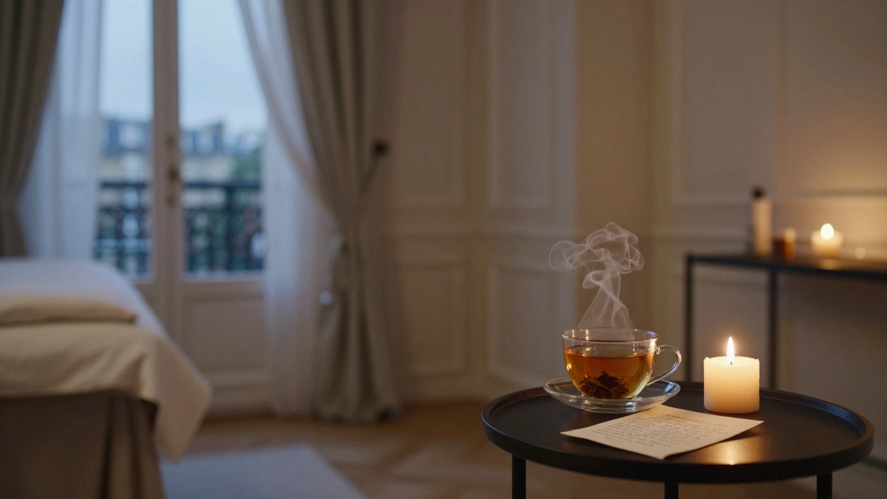 An empty, elegantly styled Parisian room at dusk, with a steaming tea cup and a folded note, suggesting a peaceful, healing experience.