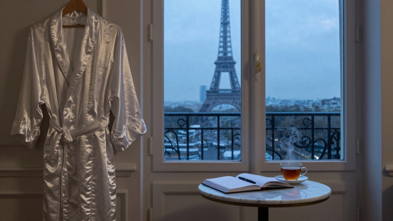 An empty luxury Parisian suite at dusk, with a robe, journal, and cooling tea—evoking peace and personal renewal.