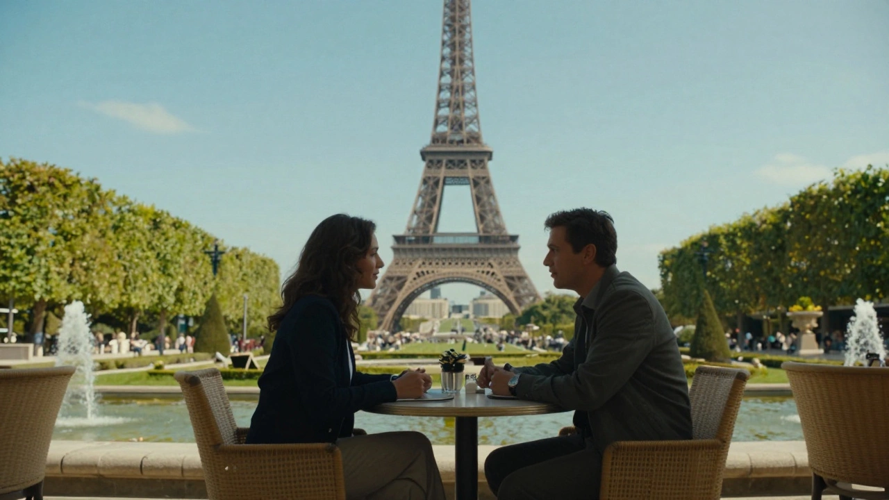 Café meeting in Trocadéro Gardens with Eiffel Tower visible.