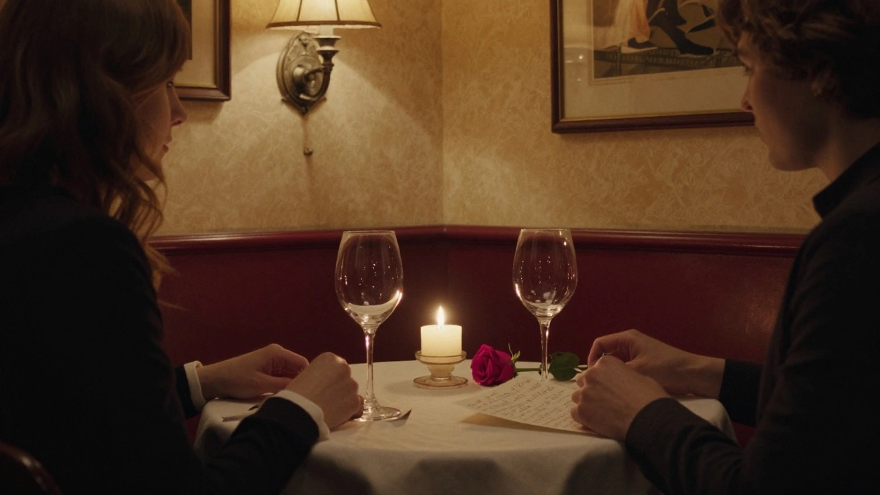 Candlelit dinner in a hidden Paris bistro, wine glasses and a handwritten note on a quiet table.