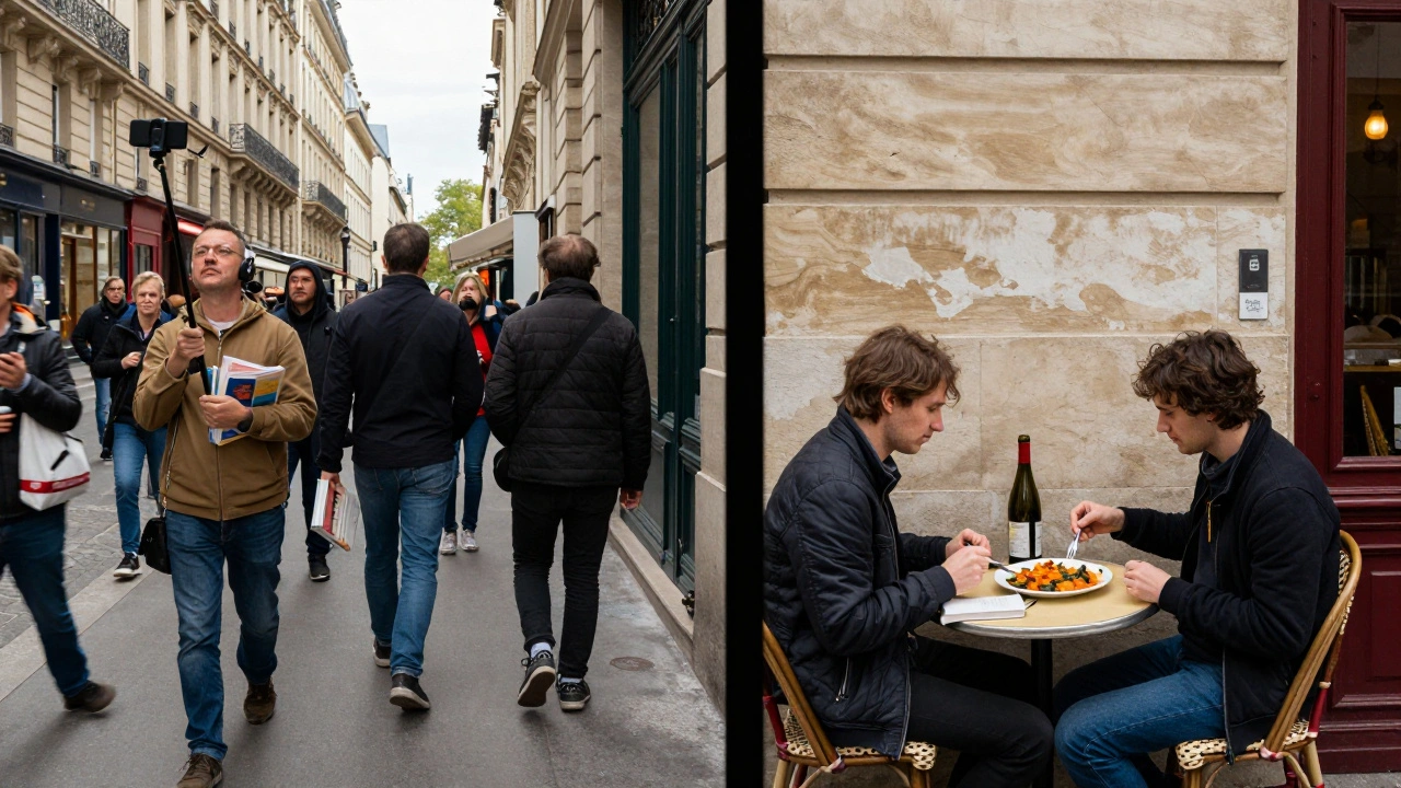 Contrasting scenes: crowded tourist spots vs. an intimate Parisian bistro moment with a companion.