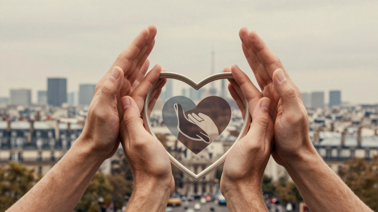Hands forming a protective shield around a heart with Paris skyline.