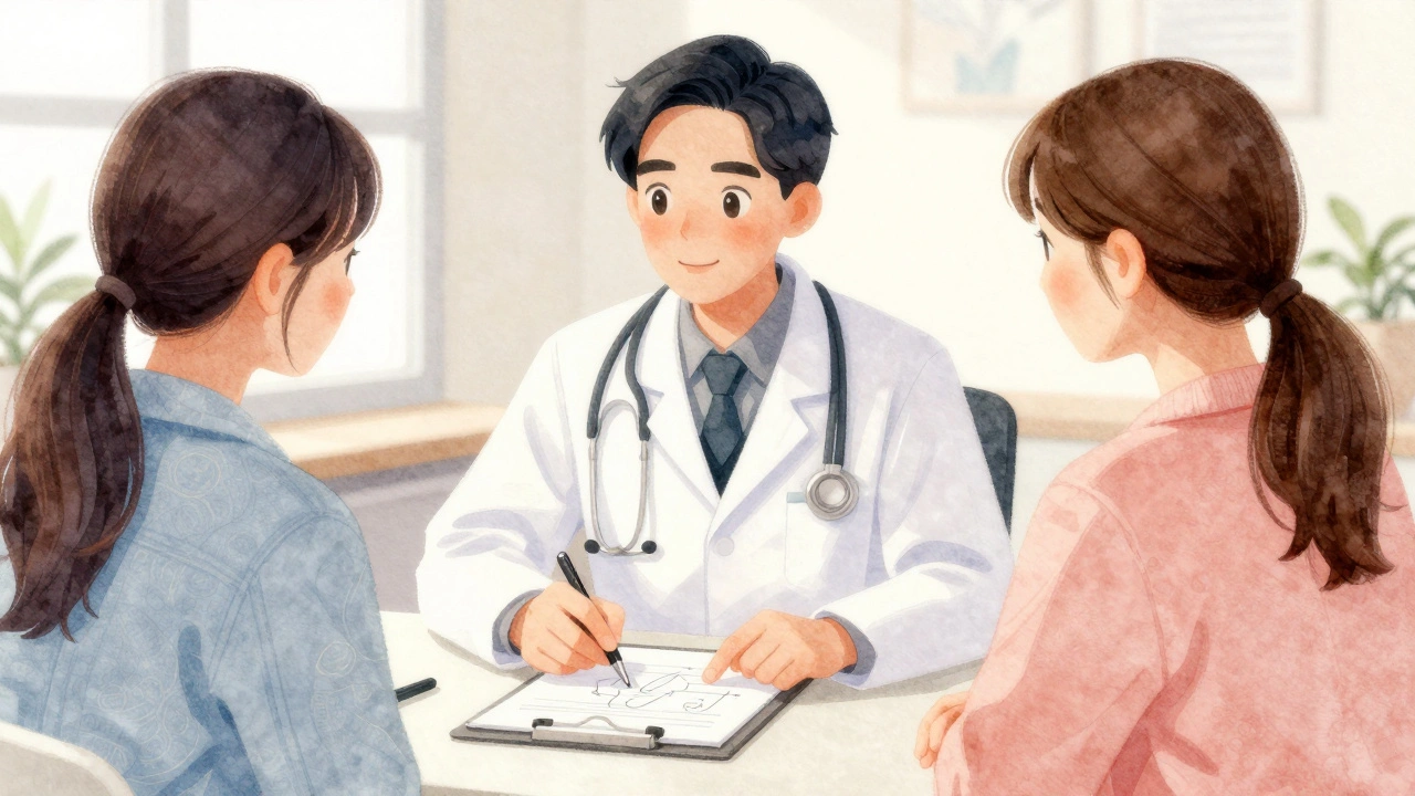 Healthcare professional discussing sexual health options with a patient in a clinic.