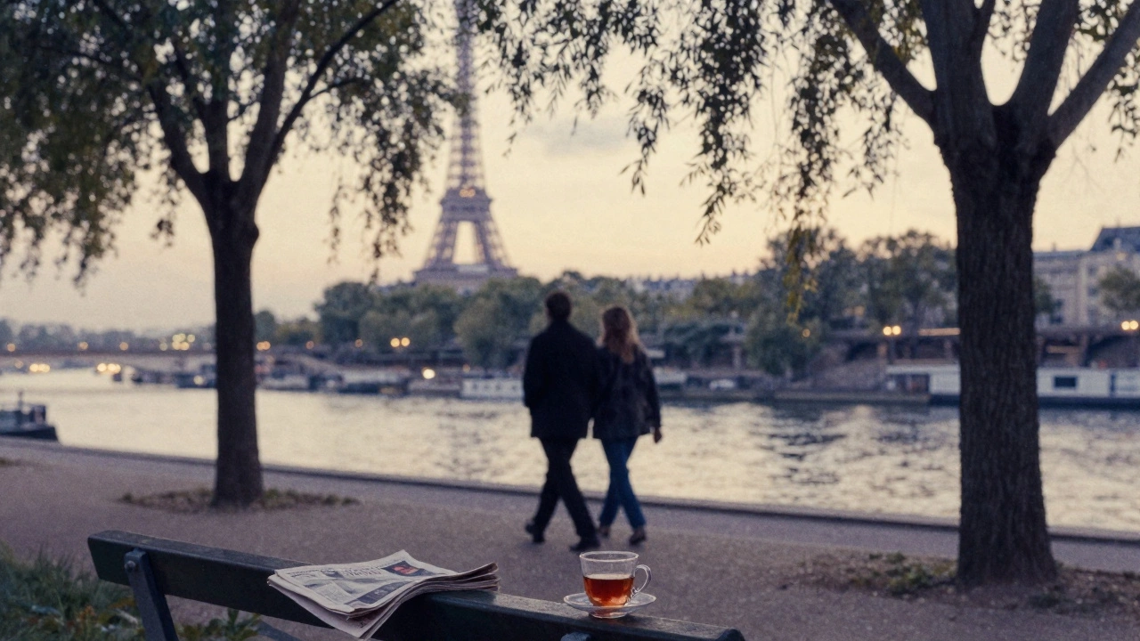 Silhouettes walking peacefully along the Seine at dusk in Paris 16, under willow trees.
