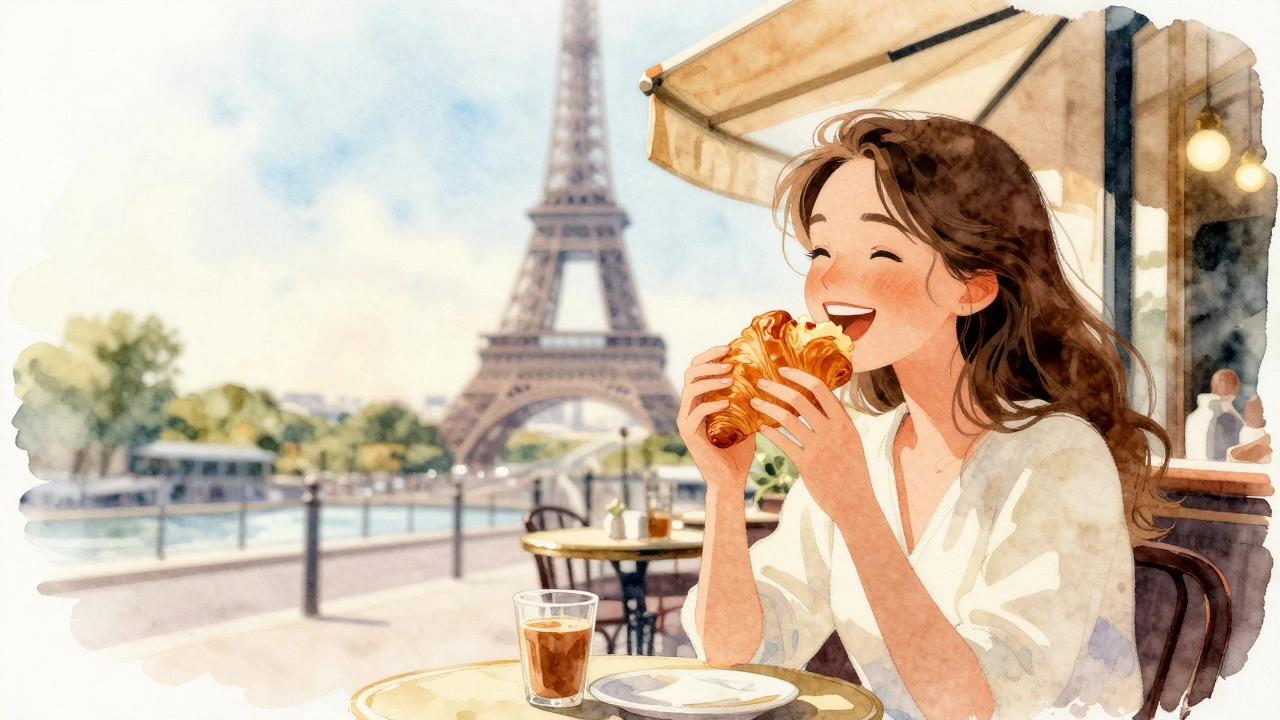Tourist eating croissant at Paris café with Eiffel Tower