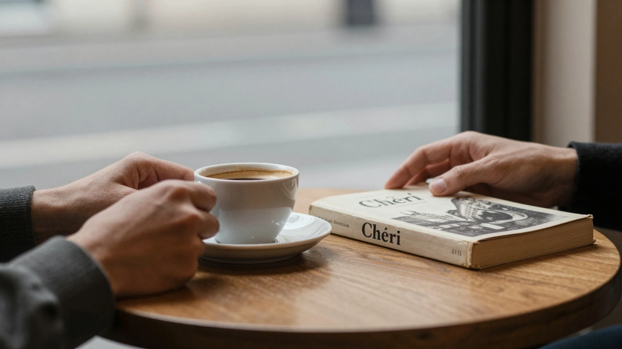 Two hands on a café table, a book placed beside a coffee cup, Paris reflected faintly in the saucer.