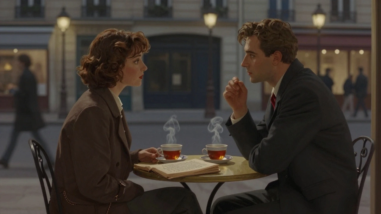 Two people having a quiet tea at a Parisian café, soft light, book open on the table.