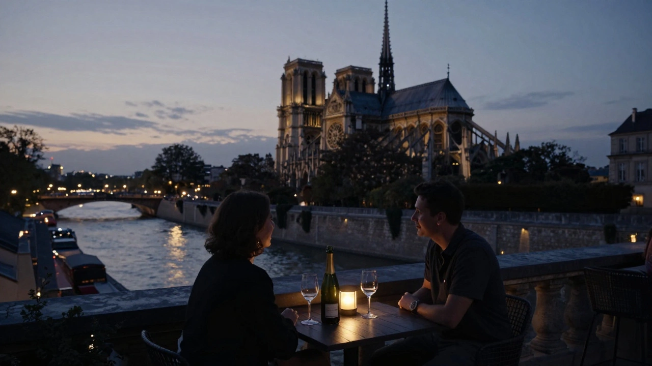 Two people on a secluded Paris rooftop at dusk, watching city lights twinkle over Notre-Dame with Champagne glasses nearby.