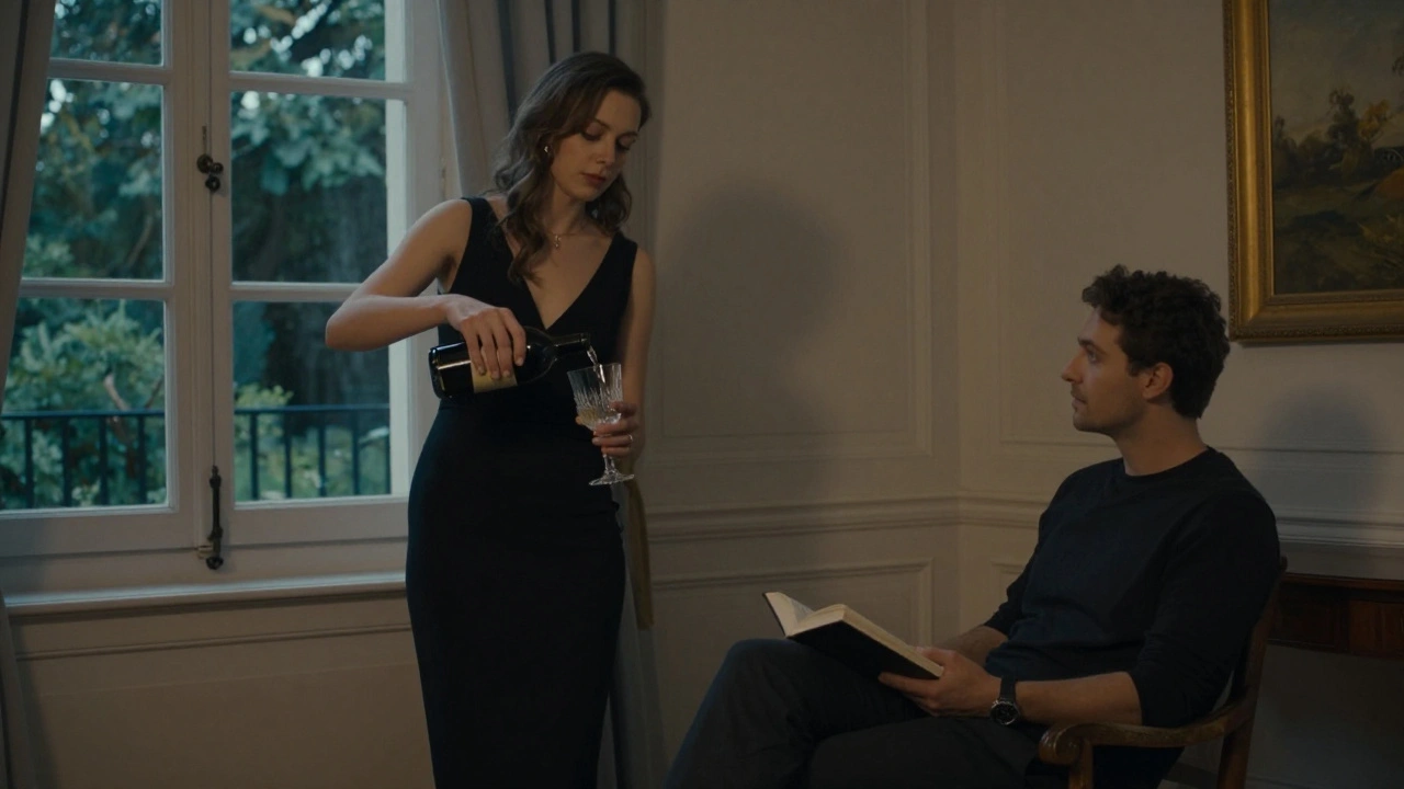 Two people sharing a quiet evening in a Paris 16 apartment, wine and a book between them.